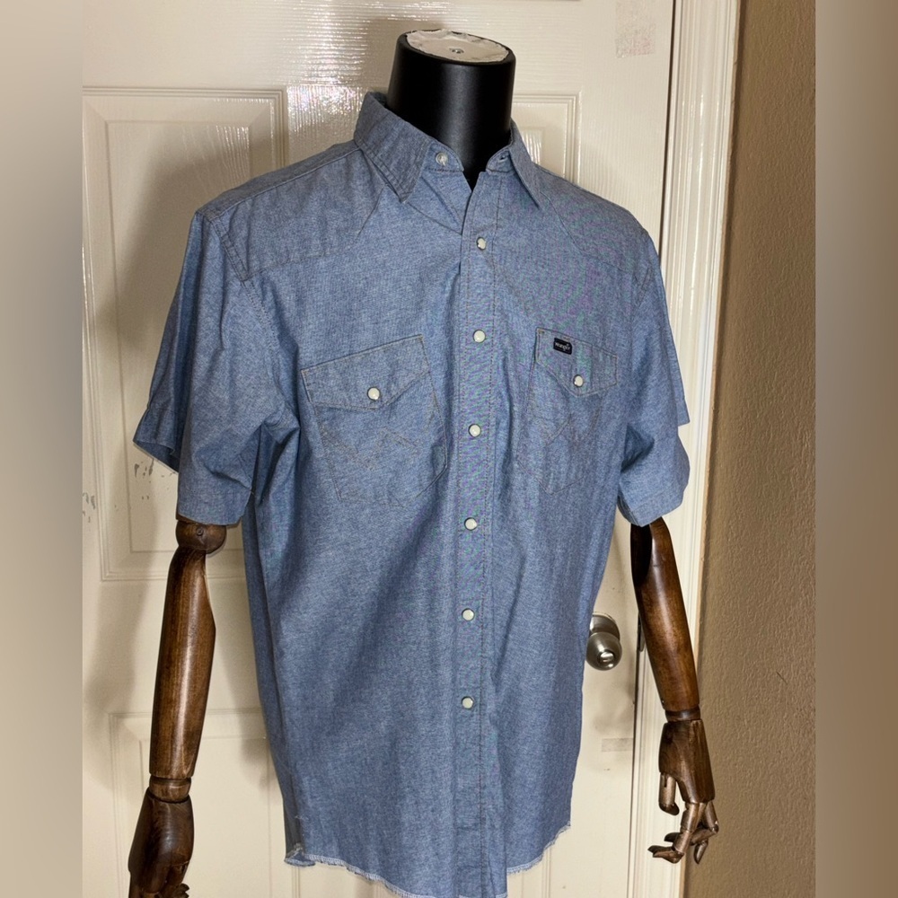 Wrangler Denim Button Up Western Shirt XL Pearl Snap Short Sleeve Vintage 1990s‍